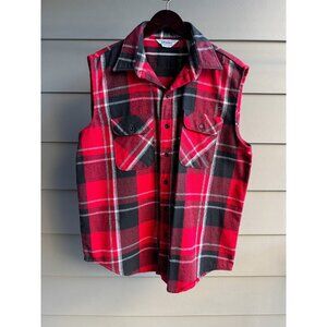 VTG Five Brother USA made Plaid Flannel Shirt Sleeveless L Mens Vest Red Black